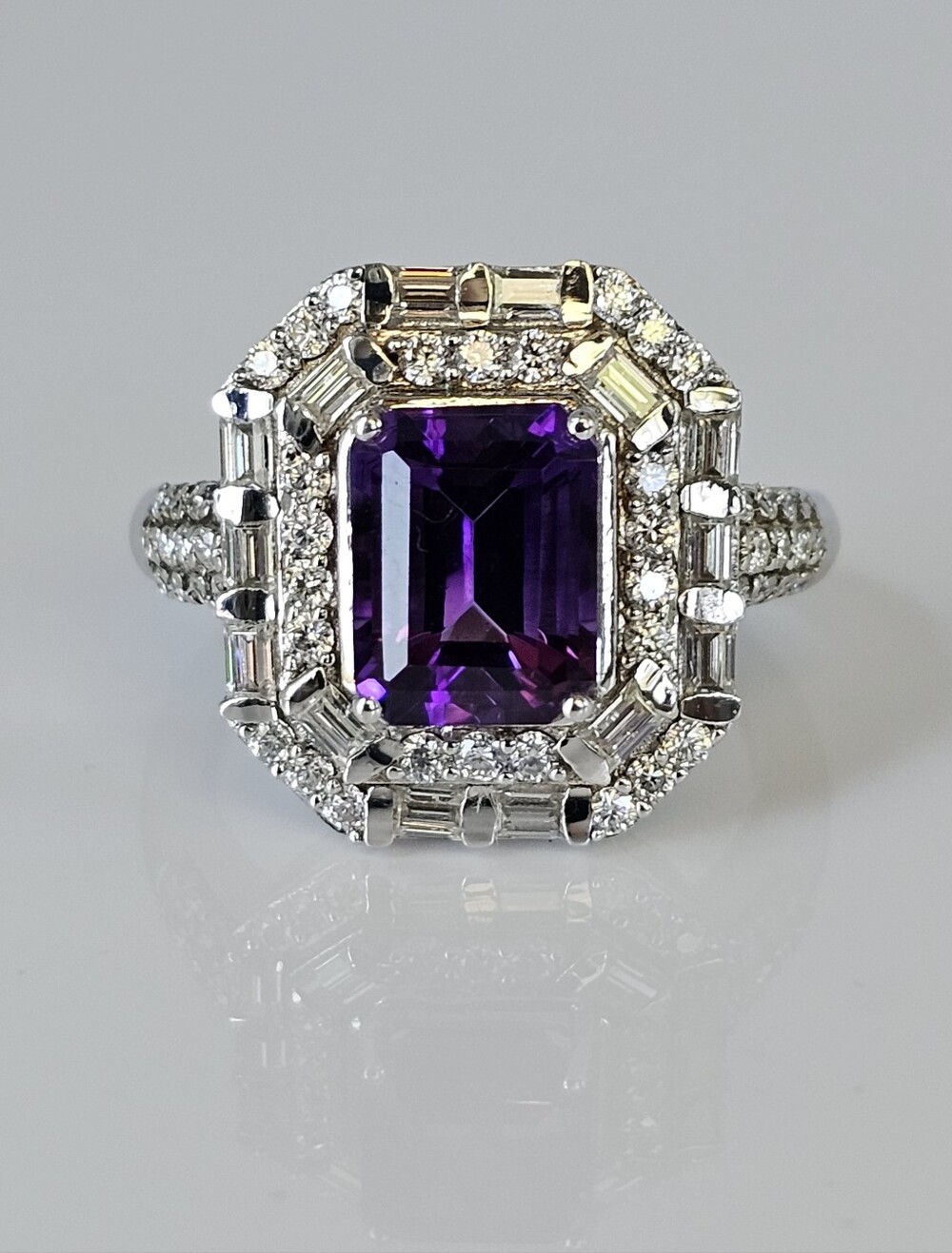 Genuine Amethyst & White Moissanite Ring Sterling Silver Platinum Overlay Sz 7!